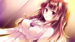  1girl blush breasts brown_hair dress game_cg golden_marriage hayakawa_harui highres ichijoji_toko key large_breasts long_hair looking_away medium_breasts open_mouth pink_eyes solo standing 