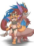 barefoot black_eyes breasts dark_skin dual_persona exaxuxer fangs flat_chest full_body fur genderswap genderswap_(mtf) glowing glowing_eyes gnar_(league_of_legends) hair_ornament highres large_breasts league_of_legends long_hair looking_at_viewer looking_back monster_girl multicolored_hair multiple_girls open_mouth pointy_ears profile round_teeth sharp_teeth simple_background skull_hair_ornament soles squatting teeth tusks weapon white_background yordle 