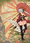  ahoge bird black_legwear blue_eyes collarbone digital_media_player headphones highres holding japanese_clothes katana kimono kimono_skirt ks long_hair navel_cutout oriental_umbrella original red-crowned_crane sandals silver_hair solo stork sword thighhighs twintails umbrella weapon wide_sleeves zettai_ryouiki 