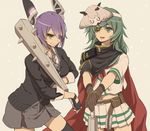  bad_id bad_pixiv_id cape club eyepatch gloves green_eyes green_hair kantai_collection kiso_(kantai_collection) long_hair mask multiple_girls nekogohan purple_hair remodel_(kantai_collection) smile tenryuu_(kantai_collection) weapon yellow_eyes 