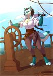  4_toes anthro barefoot belt canine claws cleavage clothed clothing female fr95_(artist) hair long_hair mammal pirate ponytail smirk solo spyglass steering_wheel sword toe_claws toes weapon wolfy-nail 