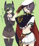  :d cape cardigan cosplay costume_switch crossed_arms eyepatch gloves green_eyes green_hair hat hat_tip kantai_collection kinari kiso_(kantai_collection) kiso_(kantai_collection)_(cosplay) long_hair midriff multiple_girls necktie open_mouth purple_hair remodel_(kantai_collection) skirt smile sword tenryuu_(kantai_collection) tenryuu_(kantai_collection)_(cosplay) thighhighs trait_connection translated weapon 