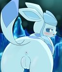  2014 3sthrees anus blue_body blue_eyes blush eeveelution female feral glaceon looking_back nintendo open_mouth pok&eacute;mon presenting pussy raised_tail solo video_games 