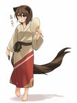  alternate_costume animal_ears barefoot brown_eyes brown_hair commentary_request fan futatsuiwa_mamizou glasses highres japanese_clothes kimono leaf long_sleeves open_mouth paper_fan raccoon_ears raccoon_tail sash solo tail tanuki touhou translation_request uchiwa wet wet_hair wide_sleeves yudepii yukata 