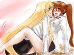  bad_id bad_pixiv_id blonde_hair blue_eyes blush bottomless breasts brown_hair cleavage collared_shirt couple eye_contact fate_testarossa hair_ornament long_hair looking_at_another lyrical_nanoha mahou_senki_lyrical_nanoha_force mahou_shoujo_lyrical_nanoha mahou_shoujo_lyrical_nanoha_strikers mahou_shoujo_lyrical_nanoha_vivid matsuri_kyuuta medium_breasts military military_uniform multiple_girls open_clothes open_shirt pantyhose pantyhose_pull red_eyes saliva shirt sitting sketch skirt table takamachi_nanoha torogao uniform very_long_hair yuri 