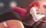  ass bat_wings blush book bookshelf demon_girl from_behind from_below futatsuki_hisame head_wings koakuma long_hair looking_back open_mouth panties pantyshot red_eyes red_hair solo succubus touhou underwear white_panties wings 