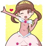  1girl atair cosplay doujima_nanako dress elbow_gloves gloves persona persona_4 pink_dress twintails wink 