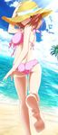 1girl ass barefoot bikini breasts brown_eyes brown_hair feet hat hataraku_maou-sama! official_art sasaki_chiho soles swimsuit toes water 