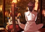  1girl admiral_(kantai_collection) bad_id bad_pixiv_id brown_hair cherry_blossoms detached_sleeves facing_away hair_ornament juri_(shiningred) kantai_collection long_hair military military_uniform miniskirt naval_uniform pleated_skirt ponytail sitting skirt thighhighs uniform very_long_hair yamato_(kantai_collection) 