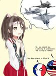  aircraft airplane americaball american_flag brown_eyes brown_hair countryball crossover ea-18g engrish f-18_hornet f-35_lightning_ii franceball french french_flag fusou_(fuso0205) highres imagining japanese_clothes jet kantai_collection muneate ponytail rafale ranguage zuihou_(kantai_collection) 