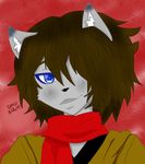  anthro blue_eyes brown_hair cute discordmelody hair handsome invalid_color invalid_tag lucian mammal mink mustelid new one_eye plain_background red_background red_scarf scarf smirk 