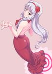  ass back blush dan_(orange_train) dress flower from_above hair_flower hair_ornament hairband idolmaster idolmaster_(classic) long_hair looking_back looking_up red_dress red_eyes shijou_takane silver_hair smile solo 