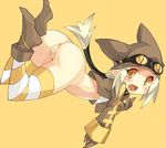  anus ass blonde_hair blush bottomless collar disgaea fang gloves goggles hat long_hair pointy_ears ponytail pussy simple_background solo striped striped_legwear thief_(disgaea) thighhighs tsuderou yellow_background yellow_eyes 