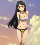  1girl a-1_pictures arms_behind_back bikini black_eyes black_hair breasts character_request chousoku_henkei_gyrozetter cleavage cloud clouds glasses hair_ornament highres large_breasts layered long_hair miwa_satori navel screencap sky smile solo source_request square_enix standing swimsuit twilight yumoto_yoshinori 