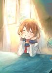  ^_^ blush brown_hair closed_eyes curtains desk grin hair_ornament hairclip hands_on_own_face ikazuchi_(kantai_collection) indoors kantai_collection school_uniform serafuku signature smile solo sunlight ume_(plumblossom) upper_body window 