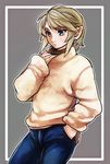  alternate_costume blonde_hair blue_eyes blush casual contemporary earrings hand_in_pocket jewelry link male_focus pants pointy_ears solo suzuno_(kazahanasu) sweater the_legend_of_zelda 