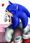  &lt;3 anthro bed blue_hair blush foot_focus fur girly gloves green_eyes hair half-closed_eyes inviting looking_at_viewer looking_back male plain_background pose sega shoppaaaa socks solo sonic_(series) sonic_the_hedgehog white_background 
