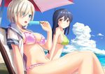  ahoge bare_arms beach_umbrella bikini black_hair blue_eyes blush breasts day frilled_bikini frills from_side hair_ornament hair_over_one_eye hairclip hamakaze_(kantai_collection) kantai_collection large_breasts long_hair looking_at_another multiple_girls navel ocean open_clothes open_mouth open_shirt outdoors sawada_yuusuke school_uniform shirt short_hair silver_hair smile strap_gap sweat swimsuit umbrella ushio_(kantai_collection) water 