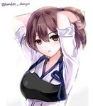  arms_behind_head brown_eyes brown_hair japanese_clothes kaga_(kantai_collection) kantai_collection looking_at_viewer mafuyu muneate open_mouth short_sleeves side_ponytail simple_background solo white_background 