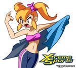  1girl bow female gates_(xtreme_sports) guppi hair_bow matt_bozon midriff navel official_art orange_hair simple_background solo tubetop twintails wayforward white_background wide_hips xtreme_sports 