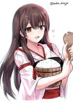  :d akagi_(kantai_collection) blush bowl bucket cowboy_shot food hakama_skirt japanese_clothes kantai_collection kimono long_hair mafuyu miko ohitsu open_mouth red_skirt rice rice_spoon simple_background skirt smile solo tasuki twitter_username typo white_background 