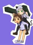  animal_ears blush_stickers brown_eyes brown_hair carrying cat_ears cat_tail dog_ears dog_tail green_eyes highres kill_me_baby military military_uniform miyafuji_yoshika multiple_girls open_mouth pantyhose parody piggyback rocket_launcher sanya_v_litvyak short_hair silver_hair strike_witches swimsuit swimsuit_under_clothes tail uniform weapon world_witches_series zatou_(kirsakizato) 