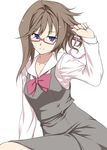  aku_no_onna_kanbu_2 artist_request blue_eyes brown_hair glasses highres kibi_momoka_(aku_no_onna_kanbu_2) ribbon school_uniform simple_background solo white_background 