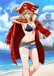  1girl bandage beach blonde_hair bra breasts costume green_eyes hat ikkitousen large_breasts long_hair looking_at_viewer ocean official_art open_mouth pirate_hat pirate_ship sea ship short_shorts shorts smile solo sonsaku_hakufu standing summer underwear 