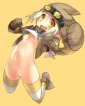  blonde_hair blush bottomless clenched_hands collar disgaea fang flat_chest gloves goggles hat long_hair nipples outstretched_arm pointy_ears ponytail pussy simple_background solo striped striped_legwear thief_(disgaea) thighhighs tsuderou yellow_background yellow_eyes 
