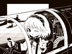  aircraft airplane fighter_jet flight_stick hairband hangar jet kongari_(kngr) military military_vehicle monochrome necktie one_eye_closed open_mouth pointing pointing_at_viewer short_hair smile solo touhou tsukumo_yatsuhashi 