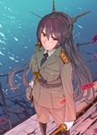  aiguillette alternate_costume belt black_hair commentary gloves headgear highres kantai_collection katana long_hair military military_uniform nagato_(kantai_collection) onoguru red_eyes shoulder_belt solo standing sword uniform very_long_hair water weapon white_gloves 