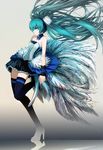  7th_dragon_(series) 7th_dragon_2020 aqua_eyes aqua_hair floating_hair hatsune_miku high_heels long_hair skirt solo standing standing_on_one_leg thighhighs very_long_hair vocaloid zen_o 