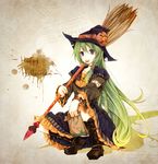  bad_id bad_pixiv_id blue_eyes broom carrying_over_shoulder cookie food green_hair halloween happy_halloween hat long_hair looking_at_viewer mouth_hold original solo squatting very_long_hair witch witch_hat yonema 