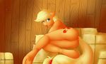 2014 anthro anthrofied applejack_(mlp) blonde_hair cutie_mark earth_pony equine farcuf female freckles friendship_is_magic fur green_eyes hair hay horse inside looking_at_viewer lying mammal my_little_pony nude on_side orange_fur pony pussy solo tongue tongue_out 