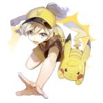  :d ayumi_(pokemon) backpack bag baseball_cap blue_eyes character_request clenched_hand creatures_(company) game_freak gen_1_pokemon hat nintendo open_mouth outstretched_hand pikachu pokemon pokemon_(creature) pokemon_(game) pokemon_lgpe ponytail shorts smile sukja yellow_backpack yellow_hat yellow_shorts 