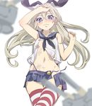  bad_id bad_pixiv_id blonde_hair blue_eyes blue_skirt blush cum cum_on_body cum_on_upper_body hairband kantai_collection long_hair lying no_gloves on_back open_clothes rensouhou-chan shimakaze_(kantai_collection) skirt solo striped striped_legwear thighhighs yahako 