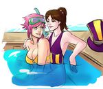  blue_eyes breasts brown_eyes brown_hair caitlyn_(league_of_legends) cleavage commentary diving_mask facial_tattoo goggles goggles_on_head greenmarine hat hat_removed headwear_removed large_breasts league_of_legends lips long_hair multiple_girls one-piece_swimsuit partially_submerged pink_hair ponytail pool sitting sitting_on_lap sitting_on_person strapless swimsuit tattoo top_hat vi_(league_of_legends) yuri 