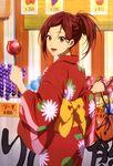  :d absurdres candy_apple food free! hair_ornament hair_up hairclip highres japanese_clothes kimono looking_at_viewer looking_back matsuoka_gou non-web_source nyantype official_art open_mouth ponytail red_eyes red_hair red_kimono smile solo yukata 
