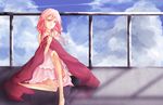  bare_shoulders dress guilty_crown hair_ornament hairclip highres long_hair looking_away neekochanii open_mouth pink_hair red_eyes sitting solo twintails yuzuriha_inori 