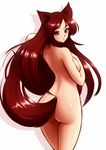  :o animal_ears ass bangs blush breast_suppress breasts cowboy_shot from_behind imaizumi_kagerou large_breasts long_hair looking_at_viewer looking_back mazume nude parted_bangs parted_lips red_eyes red_hair shadow shiny shiny_hair shiny_skin simple_background solo touhou tsurime very_long_hair white_background wolf_ears 