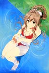  absurdres amagi_brilliant_park artist_request bare_shoulders barefoot bikini blush bow breast_press breasts brown_hair cleavage cupping_hands from_above frown hair_between_eyes hair_bow hair_intakes highres knees_together_feet_apart knees_up long_hair looking_at_viewer looking_up medium_breasts nyantype o-ring o-ring_bikini o-ring_bottom o-ring_top official_art partially_submerged pool reclining red_bikini ripples sento_isuzu sidelocks solo swimsuit water water_drop yellow_eyes 