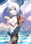  bad_id bad_pixiv_id black_legwear blue_eyes breasts hair_ornament hairclip hamakaze_(kantai_collection) kantai_collection looking_at_viewer machinery nasubi_(fian0202) pantyhose pleated_skirt school_uniform serafuku short_hair short_sleeves silver_hair skirt small_breasts solo wind 