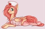  2014 clothing cutie_mark equine female feral fluttershy_(mlp) friendship_is_magic hair hat legwear long_hair looking_at_viewer mammal my_little_pony mylittlerainbow-time nurse_hat pegasus pink_hair plain_background solo thigh_highs wings 
