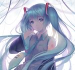  aqua_eyes aqua_hair detached_sleeves hatsune_miku highres long_hair necktie number parted_lips solo tidsean twintails upper_body very_long_hair vocaloid 