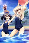  :o absurdres alternate_hairstyle arm_up armpits arms_up artist_request ball barefoot black_hair blonde_hair chain-link_fence chloe_von_einzbern cloud day fate/kaleid_liner_prisma_illya fate_(series) feet fence hair_bun hair_over_one_eye hair_up highres illyasviel_von_einzbern legs lifeguard_chair magazine_scan miyu_edelfelt multiple_girls non-web_source nyantype official_art one-piece_swimsuit one_eye_closed open_mouth outdoors pink_hair pool red_eyes scan school_swimsuit sky swimsuit tan wading water wet whistle yellow_eyes 