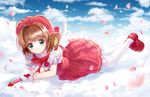  antenna_hair bow brown_hair cardcaptor_sakura cloud clow_card day full_body fuuin_no_tsue glove_bow gloves green_eyes hat kinomoto_sakura looking_at_viewer lying lying_on_cloud magical_girl moai_(aoh) on_stomach petals pink_hat red_bow red_footwear shoes sky smile solo thighhighs white_gloves white_legwear wings 
