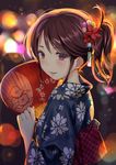  blurry blush bokeh brown_hair depth_of_field eyebrows_visible_through_hair fan floral_print from_side hair_ornament highres japanese_clothes kimono kinugasa_yuuichi mole mole_under_eye nape night obi original outdoors paper_fan profile sash smile solo uchiwa updo upper_body 