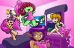 alien antennae bedroom blue_eyes brown_hair cleavage clothed clothing crossover eyes_closed female genie green_skin hair looking_at_viewer luna machine mechanical mighty_milky_way mighty_switch_force mikeharvey monochrome patricia_wagon pillow poster purple_hair robot shantae shantae_(series) wide_hips 