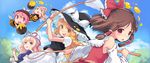  :d bee_costume blonde_hair blue_eyes blurry bow braid brown_hair day depth_of_field detached_sleeves hair_bow hair_ornament hair_ribbon hair_tubes hakurei_reimu hand_net hat highres holding honey honeypot kirisame_marisa light_brown_hair lily_white long_hair minigirl mob_cap multiple_girls mystia_lorelei occhan_(11715) open_mouth pink_eyes pink_hair red_eyes ribbon short_hair single_braid size_difference sky smile touhou v-shaped_eyebrows wings witch_hat yakumo_yukari yellow_eyes 