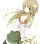  arms_behind_back bad_id bad_pixiv_id brown_hair dutch_angle flower green_eyes hair_ornament holding long_hair looking_at_viewer looking_to_the_side original smile solo thighhighs yonema zettai_ryouiki 